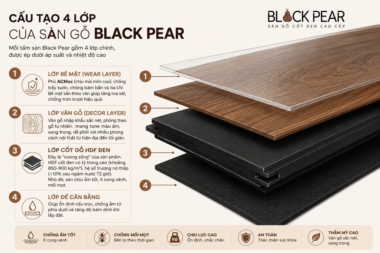 Cấu tạo 4 lớp của sàn gỗ Black Pear